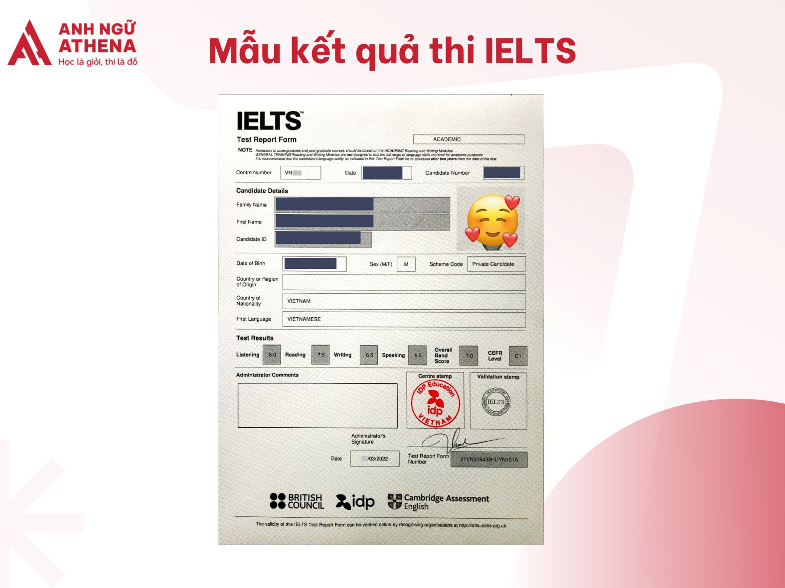 mẫu kết quả thi IELTS